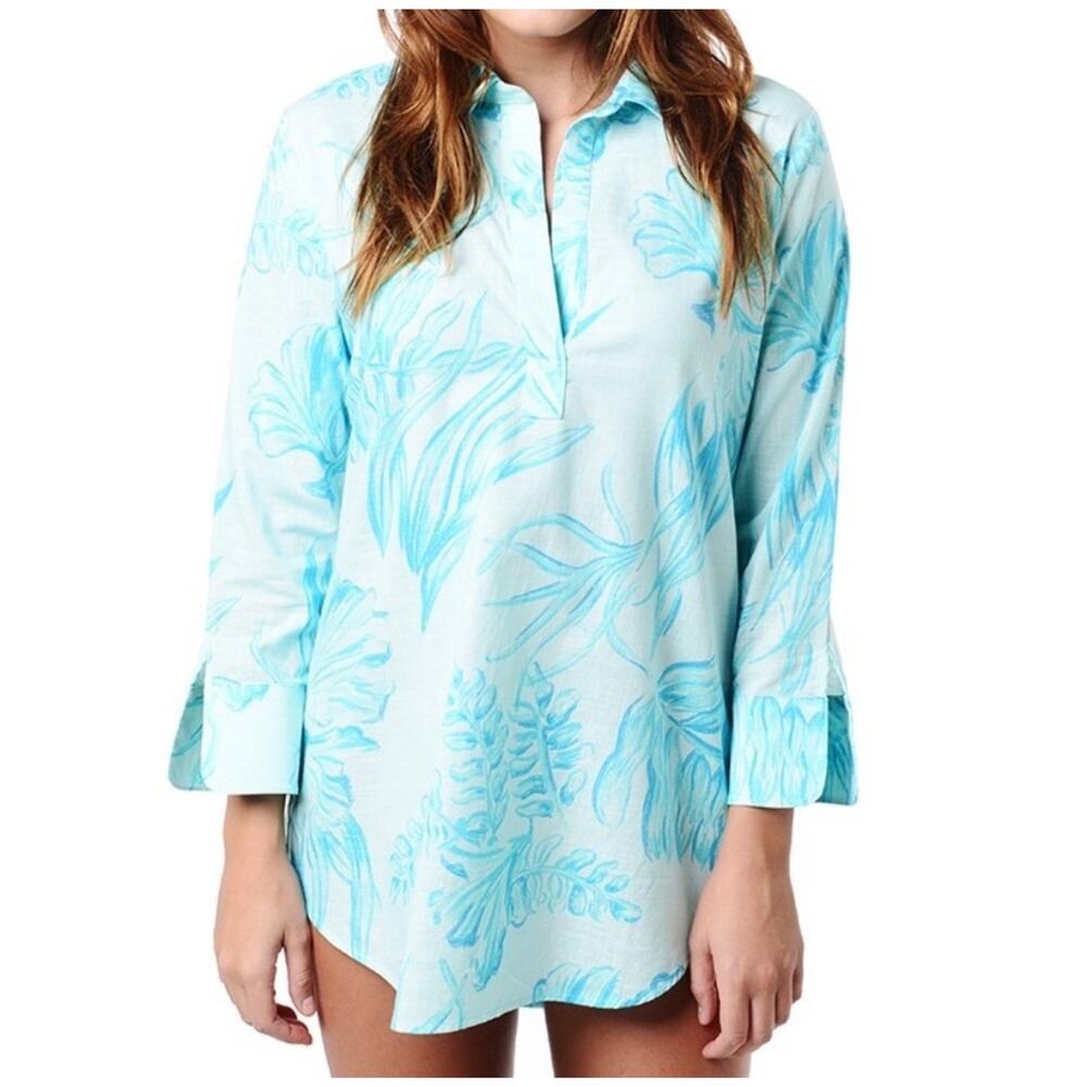 Vineyard Vines Small Lucaya Tunic Crystal Blue Seaweed Print Roll Tab Sleeves